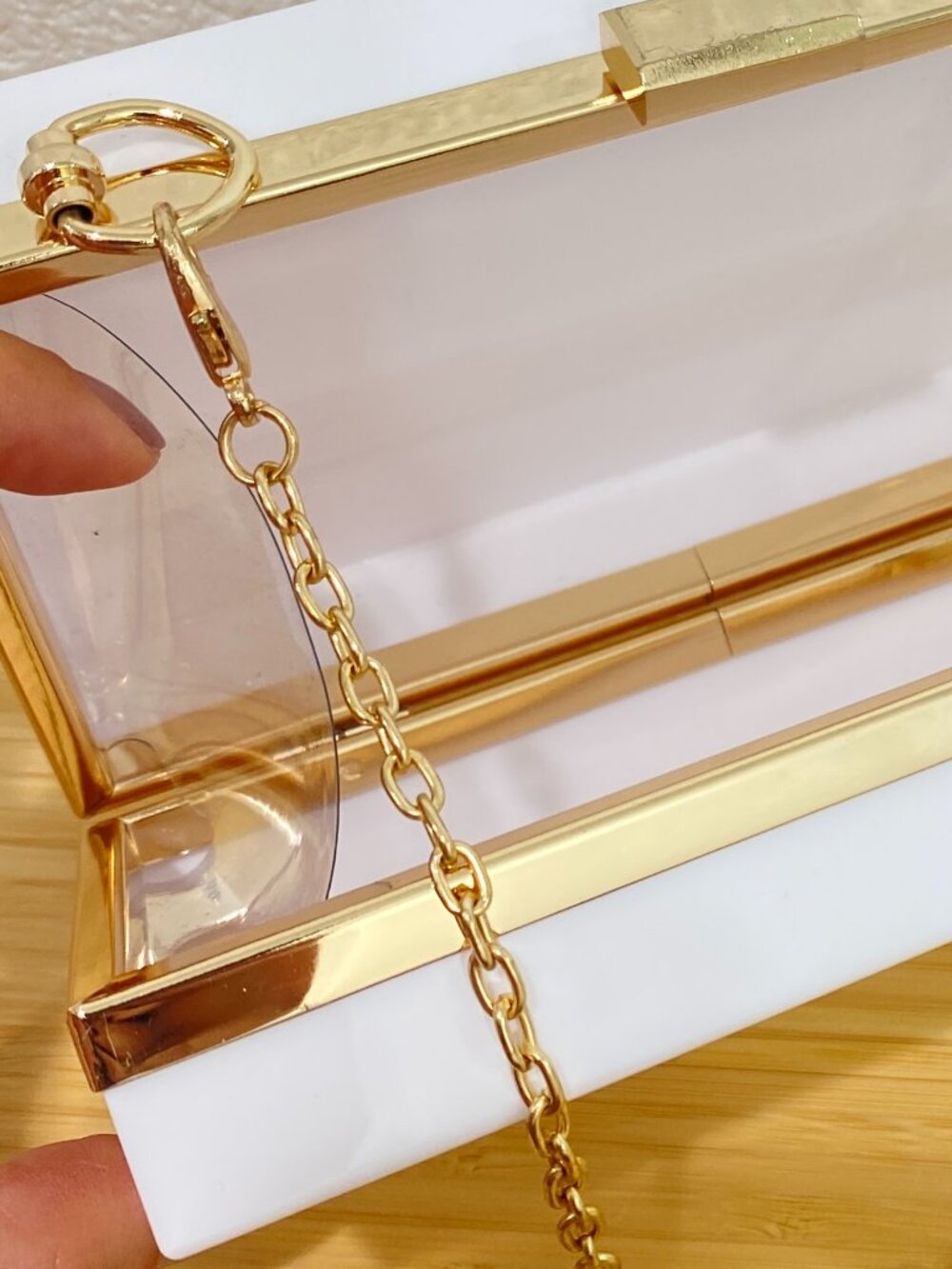 White Acrylic Box Clutch | Gold Chain Crossbody Evening Bag-Minimalist 90s Style - Picture 8 of 8